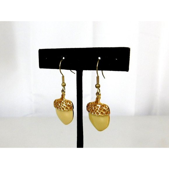 Flat Acorn Fishhook Earrings Gold Tone Beige/Tan See Item Description - Picture 4 of 6
